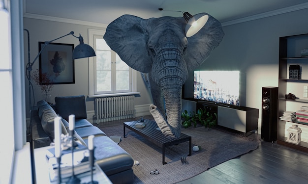 Elephant in the room, concept of unsolved problems. 3d render.