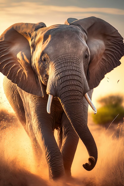 Elephant running in action on the field grass Wildlife photography AIGenerated