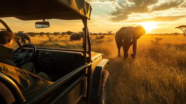 Photo elephant safari adventure at sunset