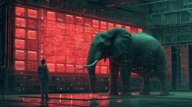 An elephant shares the server room with man engineer highlighting the scale of digital operations