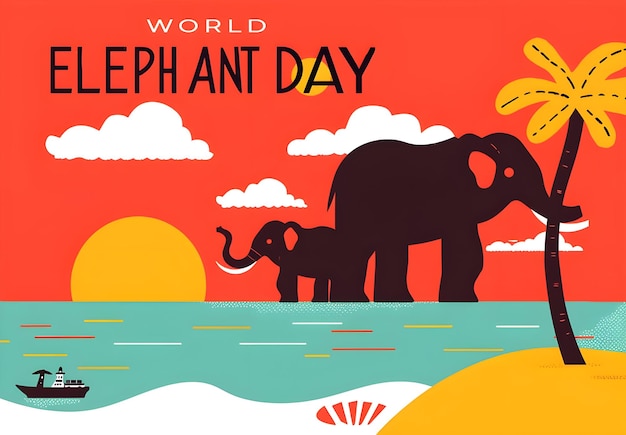 Photo elephant silhouette with the text world elephant day in front in a vector style illustration