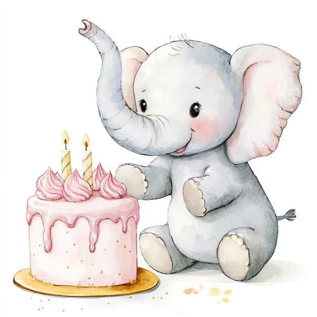 Photo elephant sitting next to light pink cake nuresery watercolor