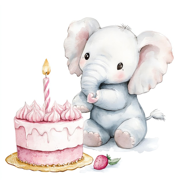 Photo elephant sitting next to light pink cake nuresery watercolor