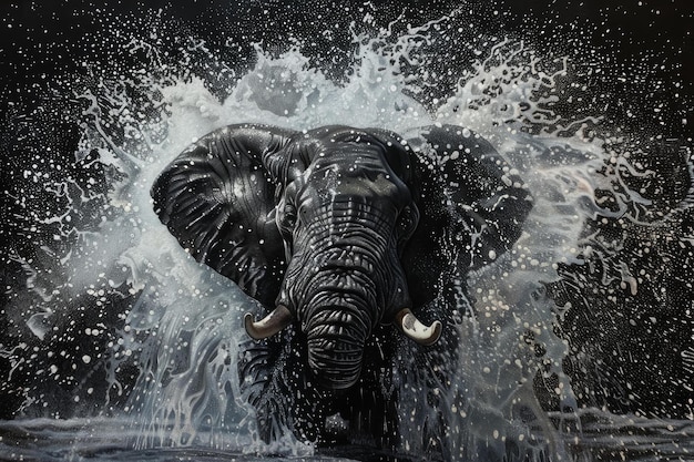 Photo elephant splashing water in dynamic monochrome scene