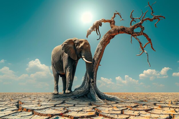 Photo elephant standing in middle of dried cracked earth with dead tree and bright sun in background