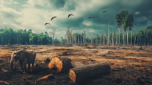 Photo an elephant stands among felled trees and disappearing habitat emphasizing the urgent need to protect endangered species and their environment generative ai