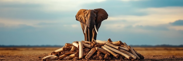 Photo an elephant stands proudly over a large pile of ivory tusks symbolizing the tragic impact of p