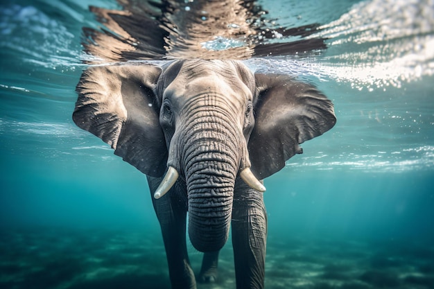 an elephant swimming in the water with its trunk under water