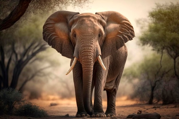 An elephant walking on a dirt road with trees in the background.