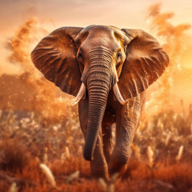 An Elephant walking through a field in a blurred background