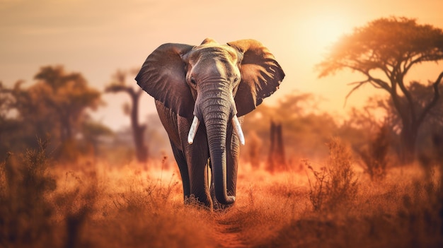 An elephant walking through the jungle at sunset