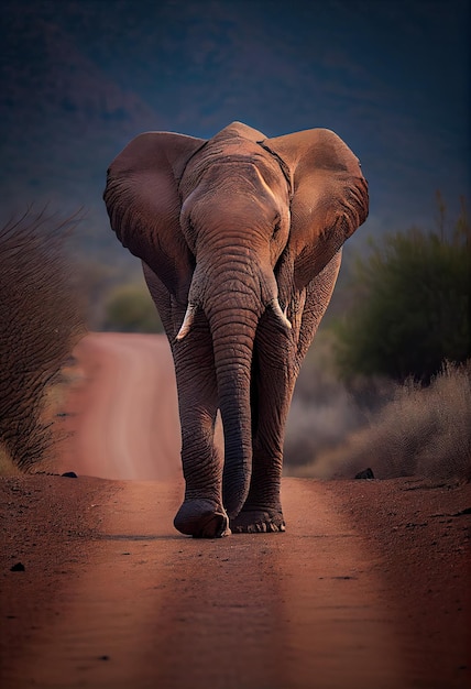 Elephant walking towards the camera on a dirt road generative ai