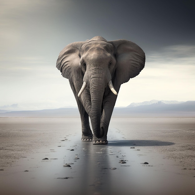 An elephant walking on a wet beach with a cloudy sky behind it.