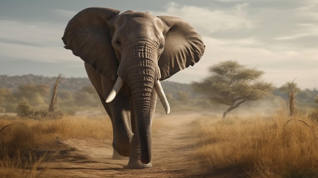 An elephant walks on a dirt road in africa.