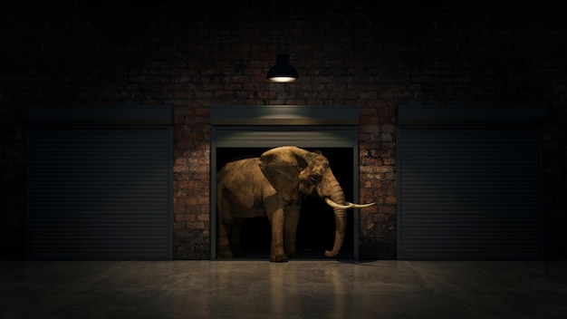 elephant in warehouse door. Creative concept. 3D Rendering