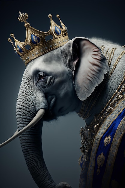 An elephant wearing a crown is standing in front of a dark background