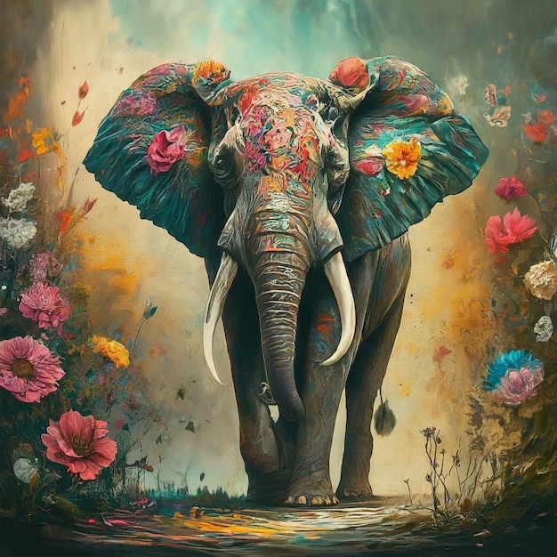 elephant with flowers art painting illustration art digital painting