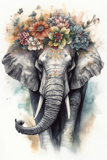 An elephant with flowers on his head