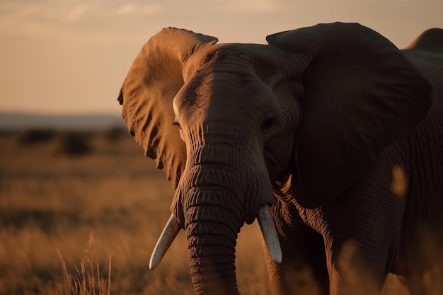 An elephant with large ears stands in a field of grass.