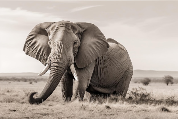 An elephant with large ears stands in a field.