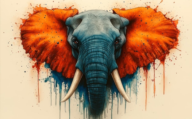 an elephant with an orange ear and a large ear with a red and orange on it