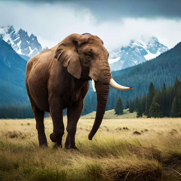 An elephant with an orange tusk stands in a field with mountains in the background