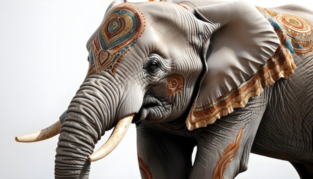 an elephant with a painted face and a design on its face