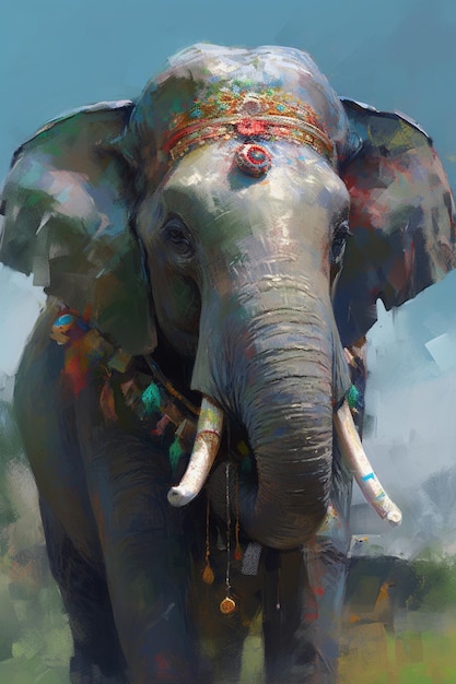 An elephant with a painted head and a red and blue head and a red beaded head and tail.