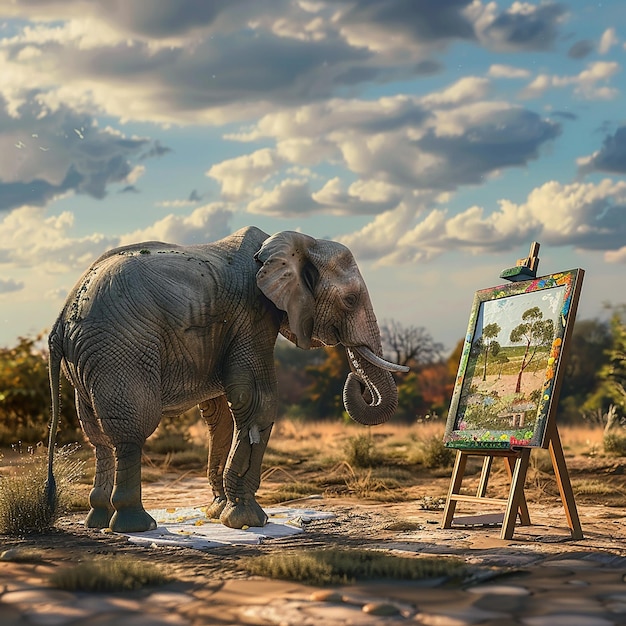 Photo an elephant with a painting of an elephant in front of a painting of a landscape