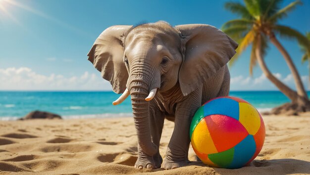 Photo an elephant with a rainbow colored ball on the beach