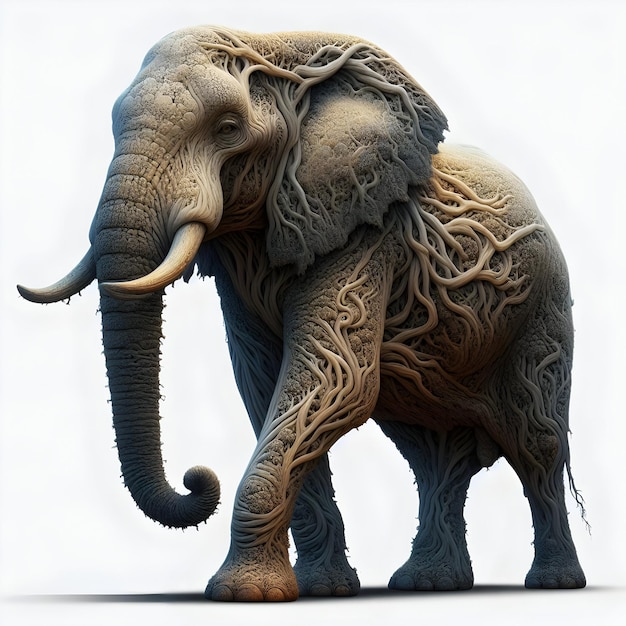 An elephant with roots growing on its trunk symbolizing strength stability and connection to natu