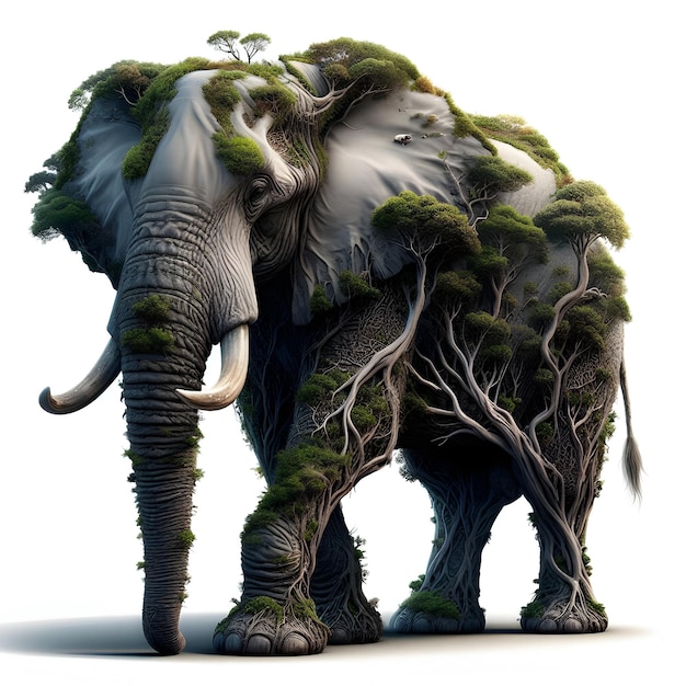 An elephant with roots growing on its trunk symbolizing strength stability and connection to natu