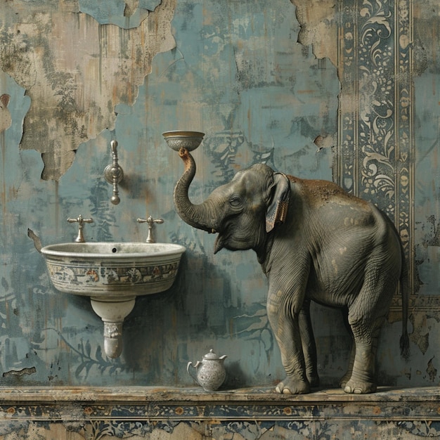 Photo elephant with a teapot and sink a whimsical scene of a large mammal enjoying a bath