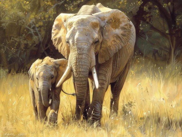 an elephant with tusks and a baby elephant in a field