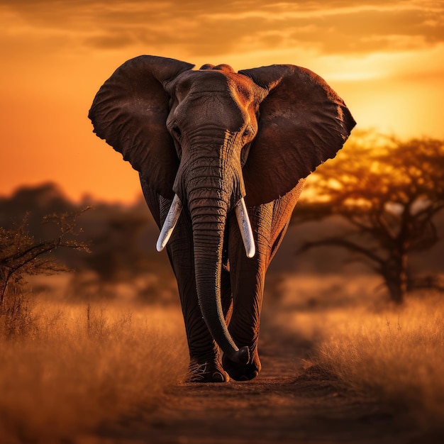 an elephant with tusks on the back is standing in the grass.