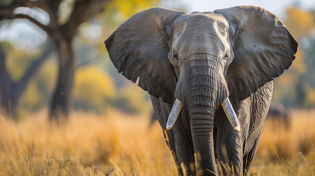 an elephant with tusks in a field with trees in the background