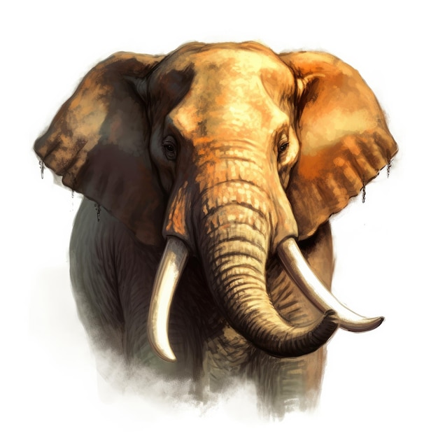 An elephant with tusks is shown in a painting.