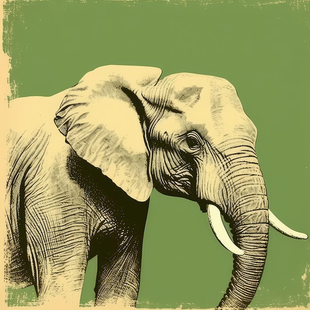 an elephant with tusks on it is drawn in a green background