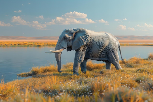 Photo an elephant with tusks stands in a field with a lake in the background