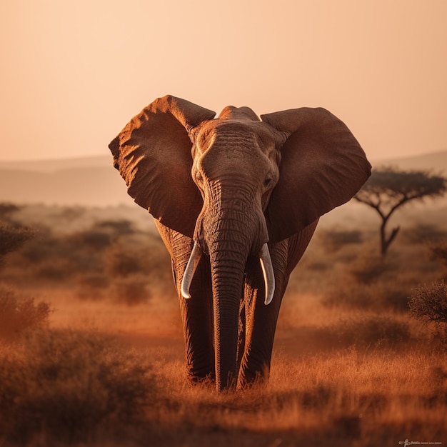 An elephant with white tusks stands in a field with a tree in the background.