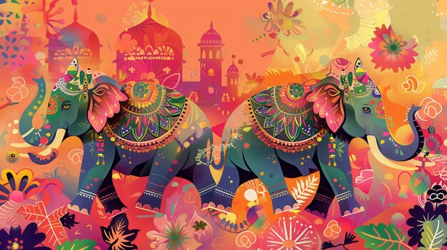 Photo elephants adorned with colorful decorations march through a lively indian festival surrounded by joyful crowds and festive decorations generative ai