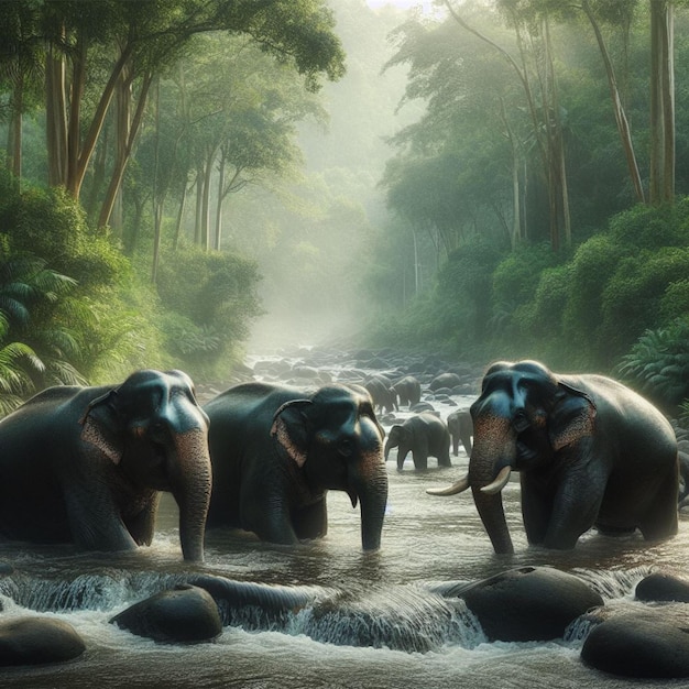 Elephants are bathing in a river