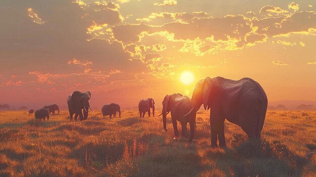 elephants are walking in the sunset with the sun setting behind them