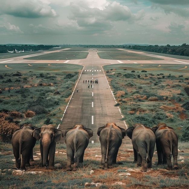 Elephants congregate at an airport runway creating a unique and captivating scene