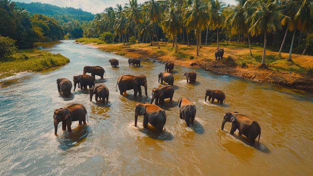 Photo elephants crossing a river in a lush tropical landscape