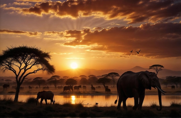 elephants and elephants are standing in the sunset