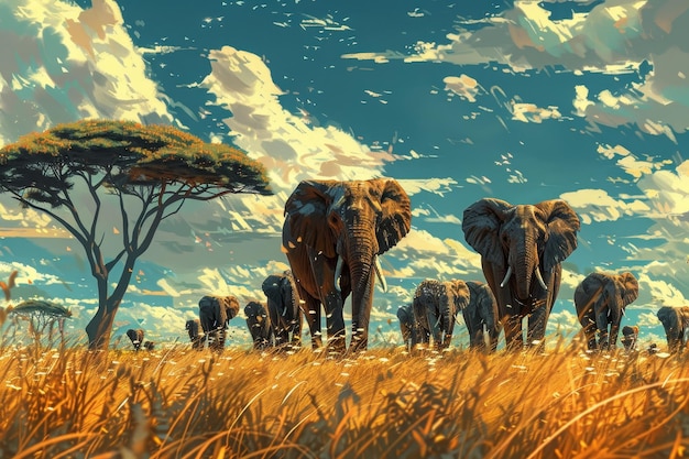 Photo elephants in the golden savanna