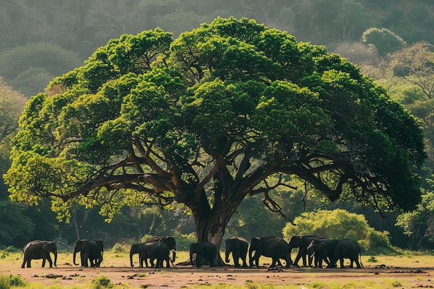 Elephants posing for free photos in the wilderness beneath a large green tree Generative AI