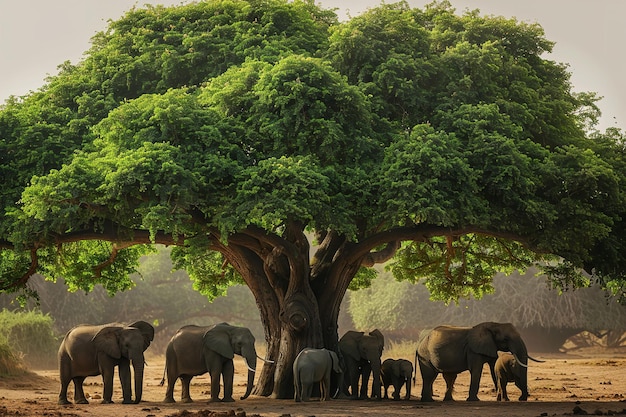 Elephants posing for free photos in the wilderness beneath a large green tree Generative AI