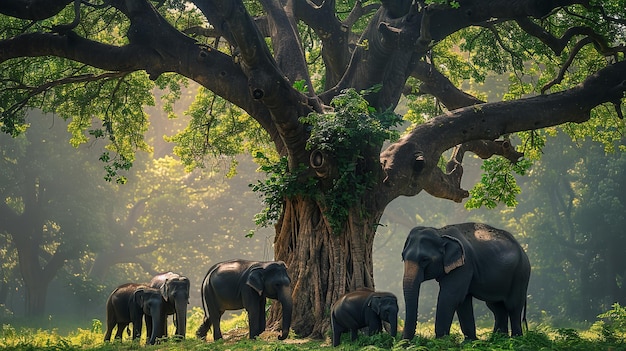 Elephants posing for free photos in the wilderness beneath a large green tree Generative AI